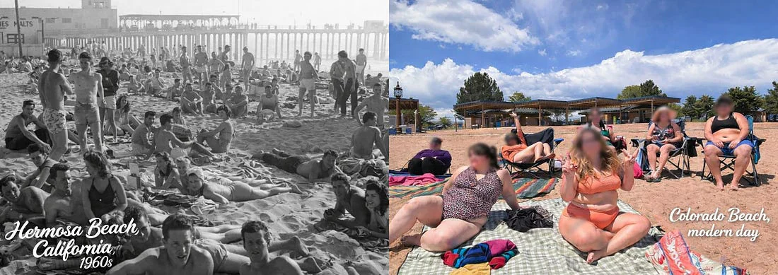 Hermosa Beach, California in the early 1960s compared to a Colorado Beach, modern day. What do you notice when you compare the two pictures?