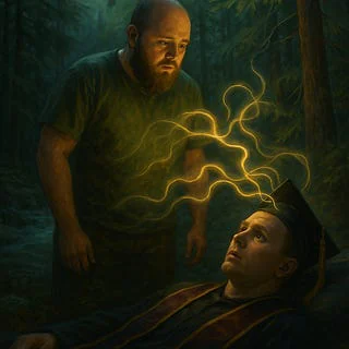 A depiction of me waking up and there is my twin. Outfits are not accurate in regards to the actual event, and we were positioned to be sleeping indoors. It’s giving