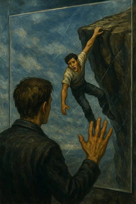 Close enough to see the fear, yet trapped behind glass — the helplessness of loving someone you cannot reach.