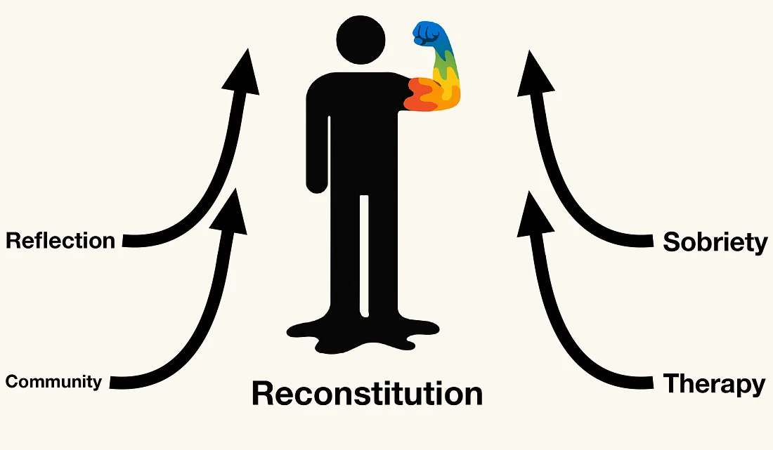 Following the fire, with careful management, a reconstructed self emerges with some new powers. I included some examples of what I mean by “careful management” for me personally.