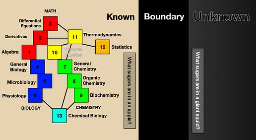 Education is the incorporation of blocks of established knowledge into a person’s software — algebra, calculus, biology, chemistry, and so forth. We aren’t born pre- programmed to approach the current boundary of knowledge. To get there, we first have to download what humanity already knows (left side). Only then do