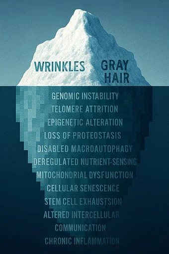 An aging iceberg. Notice how the submerged portion is pixelated compared to the visible tip. This is deliberate. The surface signs we all see — wrinkles, gray hair,