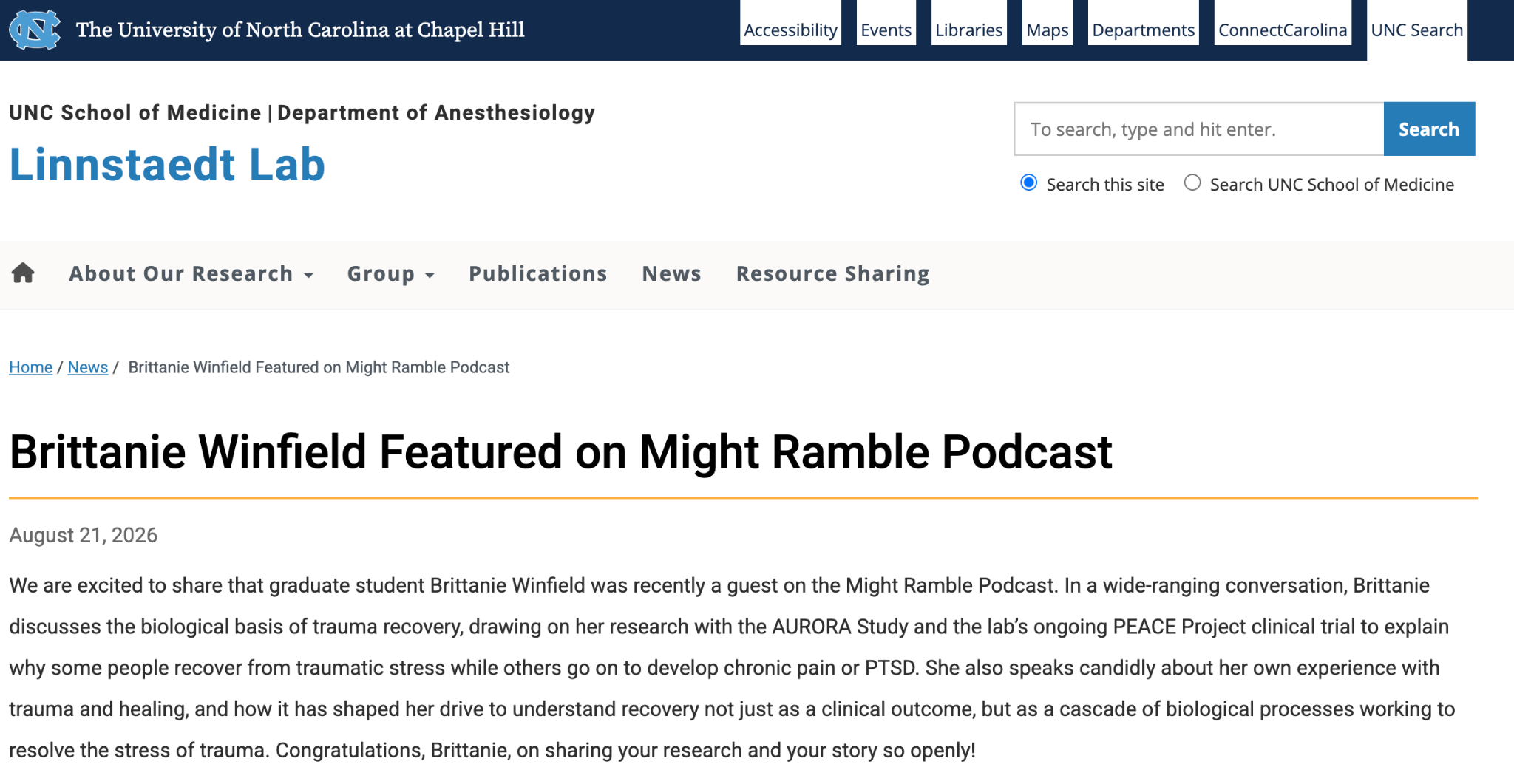 UNC School of Medicine’s Linnstaedt Lab article, ‘Brittanie Winfield Featured on Might Ramble Podcast,’ published August 21, 2026.