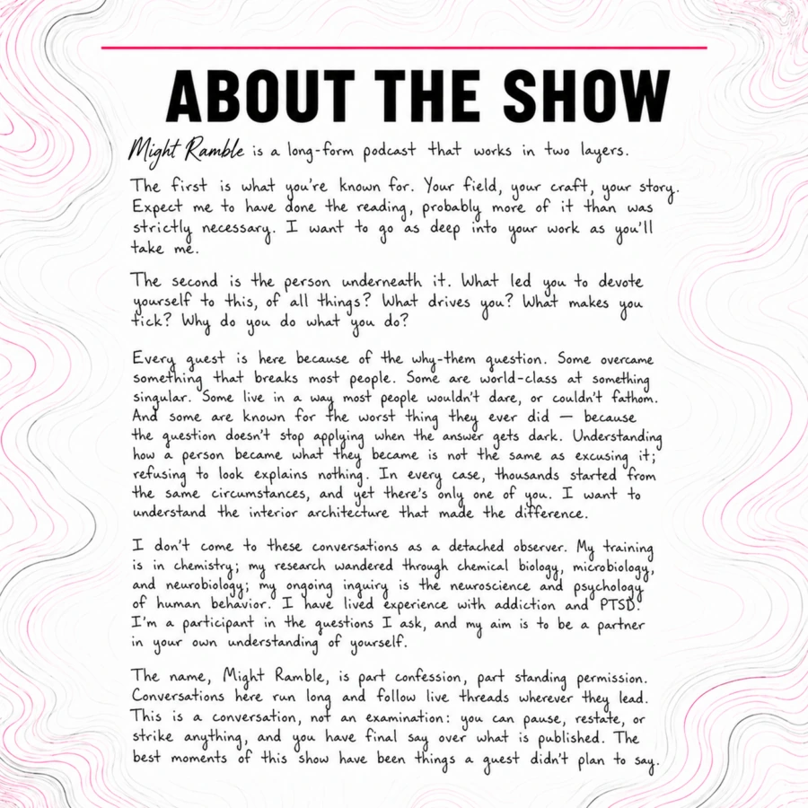 Mitchell’s handwritten About the Show page. The full text is available directly below.