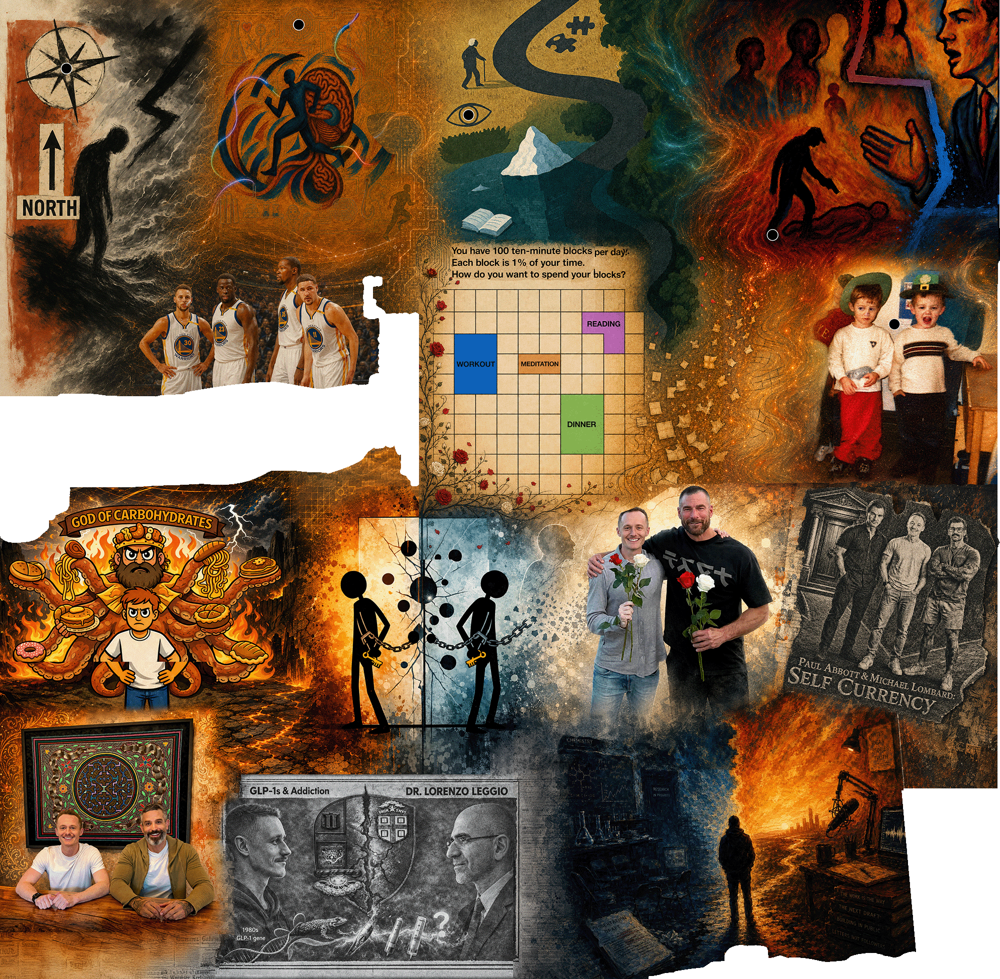 Draft collage combining artwork from the first year of Might Ramble.